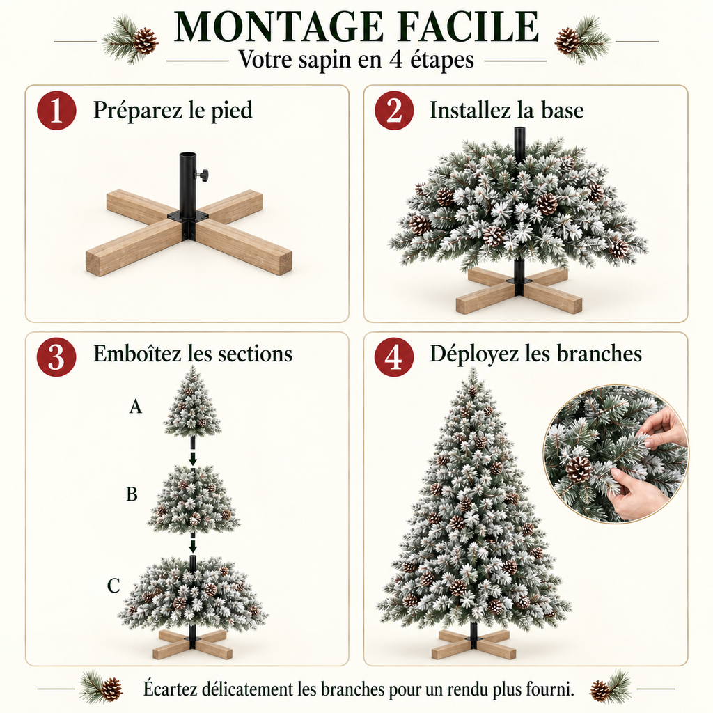 Sapin de Noël artificiel enneigé avec pommes de pin – 150, 180 ou 210 cm
