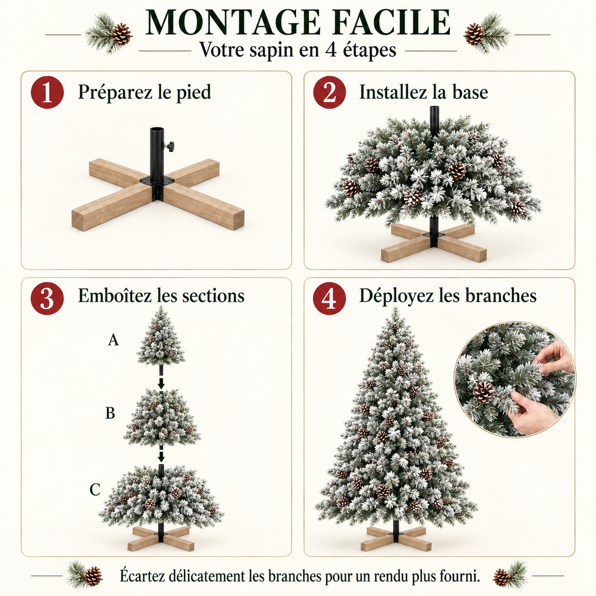 Sapin de Noël artificiel enneigé avec pommes de pin – 150, 180 ou 210 cm