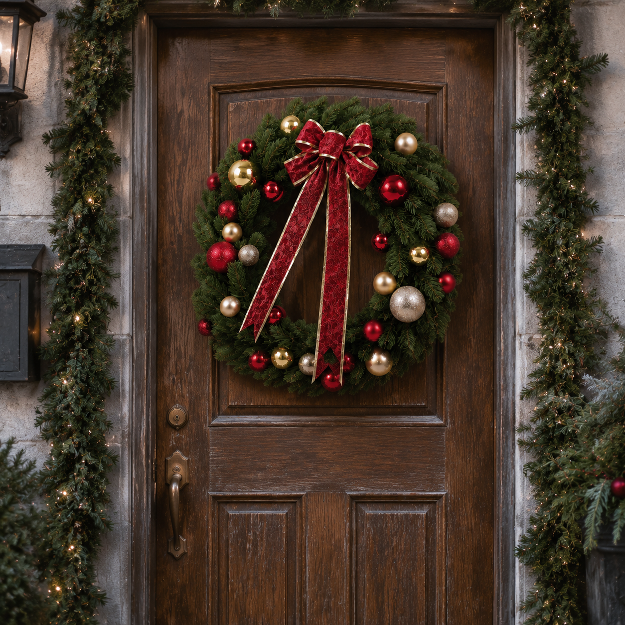 Couronne de Noël décorée rouge et or