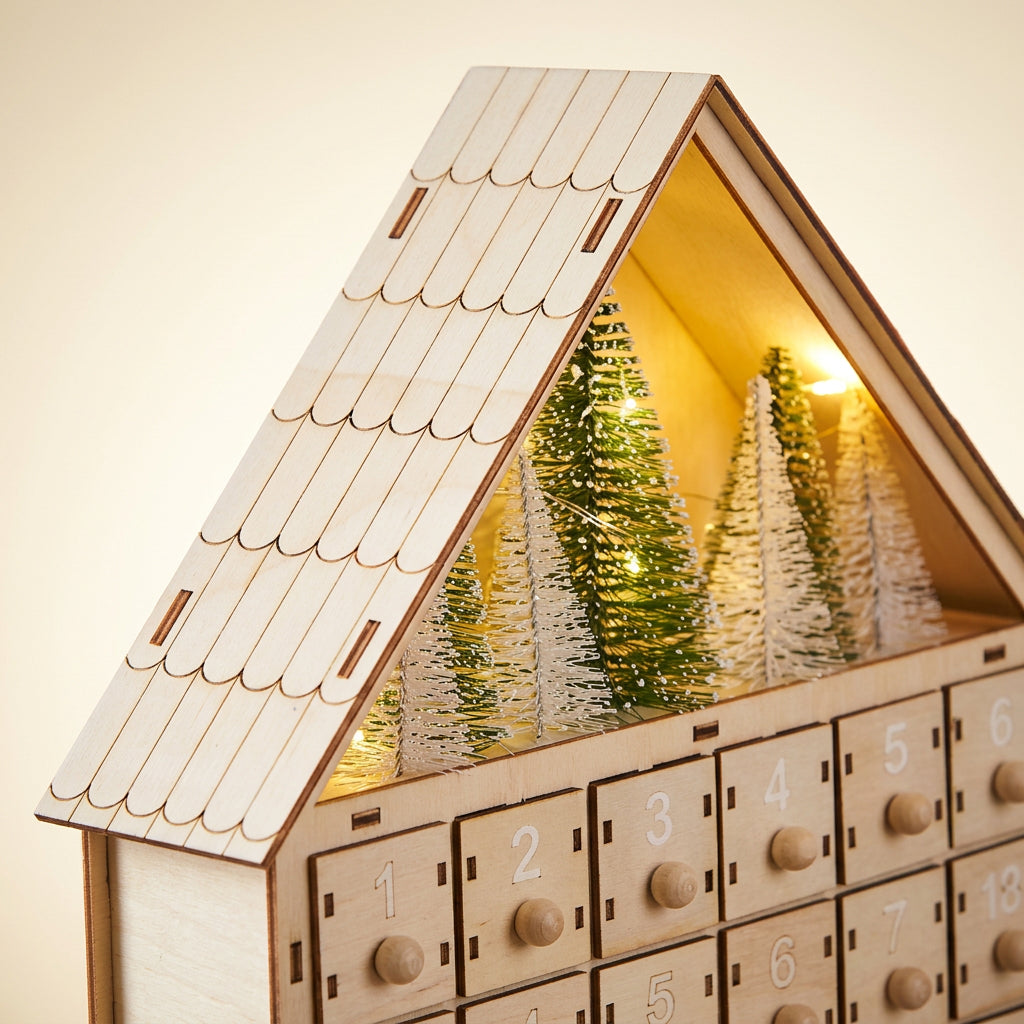 Détail du toit et des sapins du calendrier de l'Avent en bois
