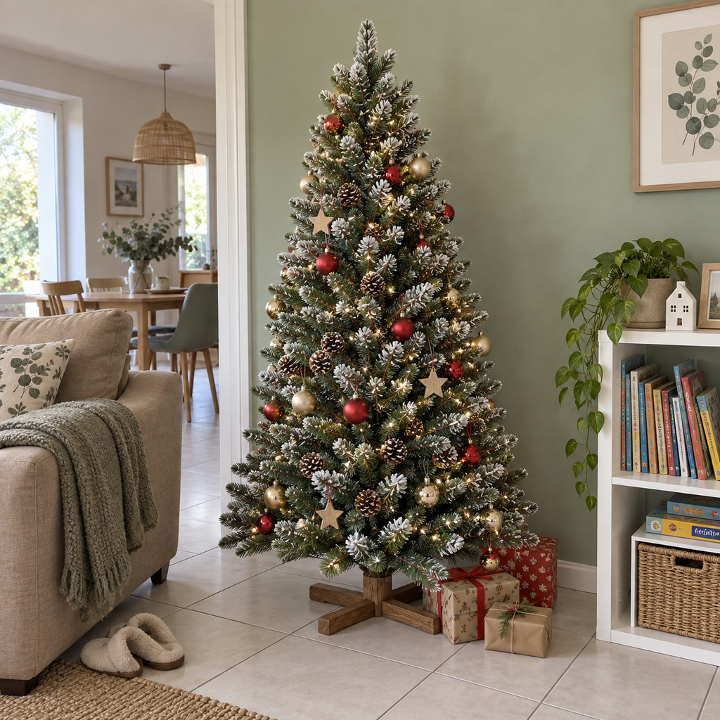 Sapin de Noël artificiel enneigé avec pommes de pin – 150, 180 ou 210 cm