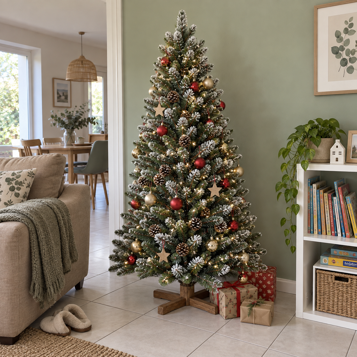 Sapin de Noël artificiel enneigé avec pommes de pin – 150, 180 ou 210 cm