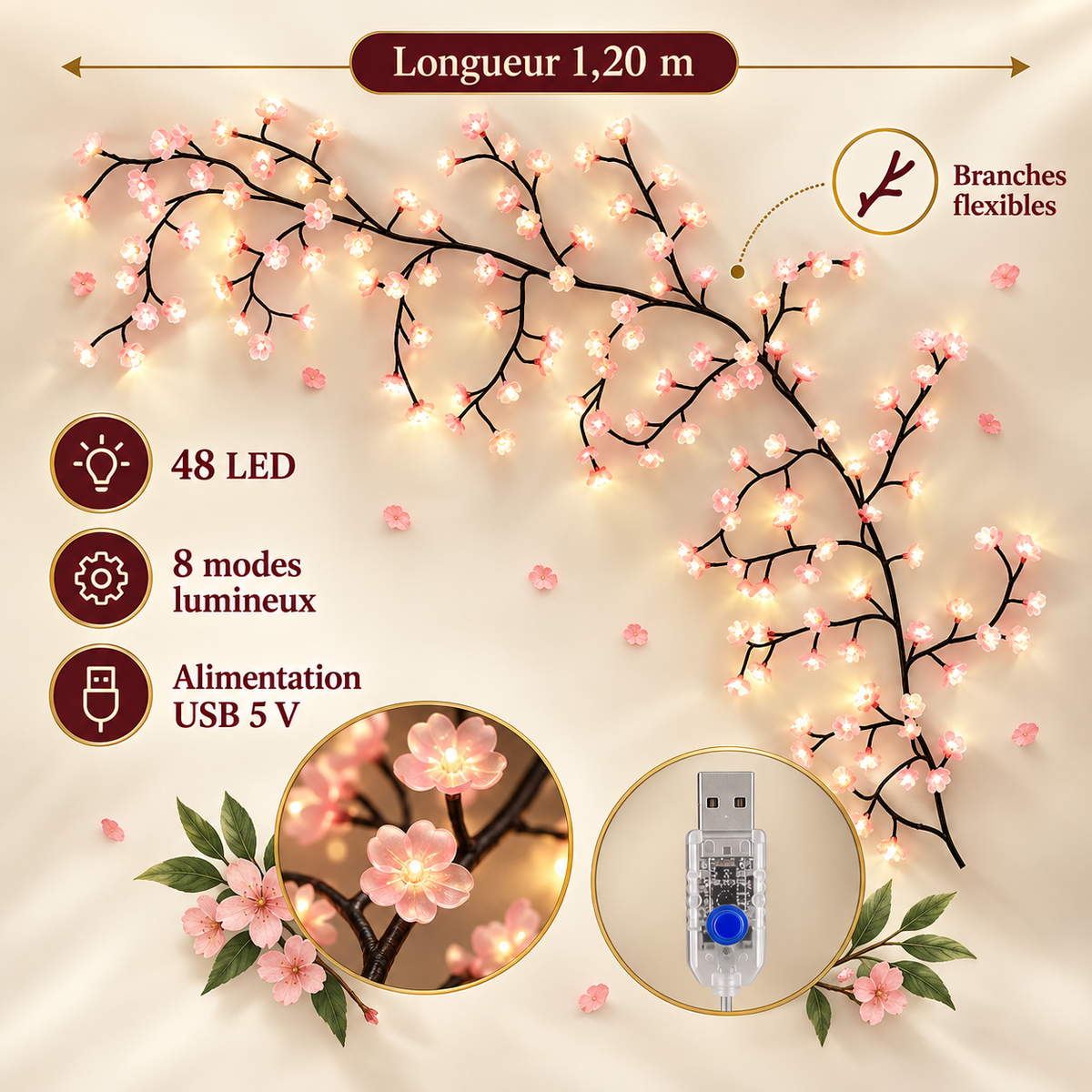 Guirlande lumineuse fleurs de cerisier à LED – 1,20 m