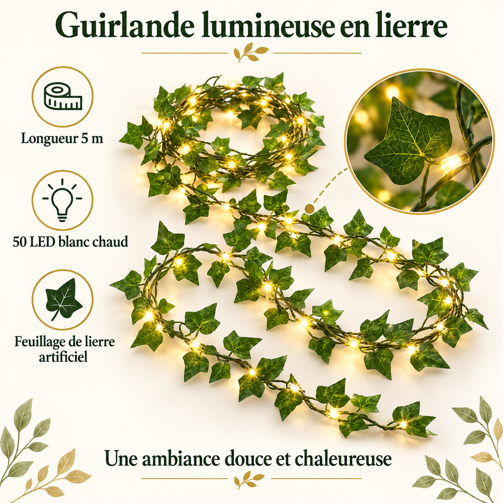 Guirlande lumineuse de lierre artificiel – 5 m, 50 LED