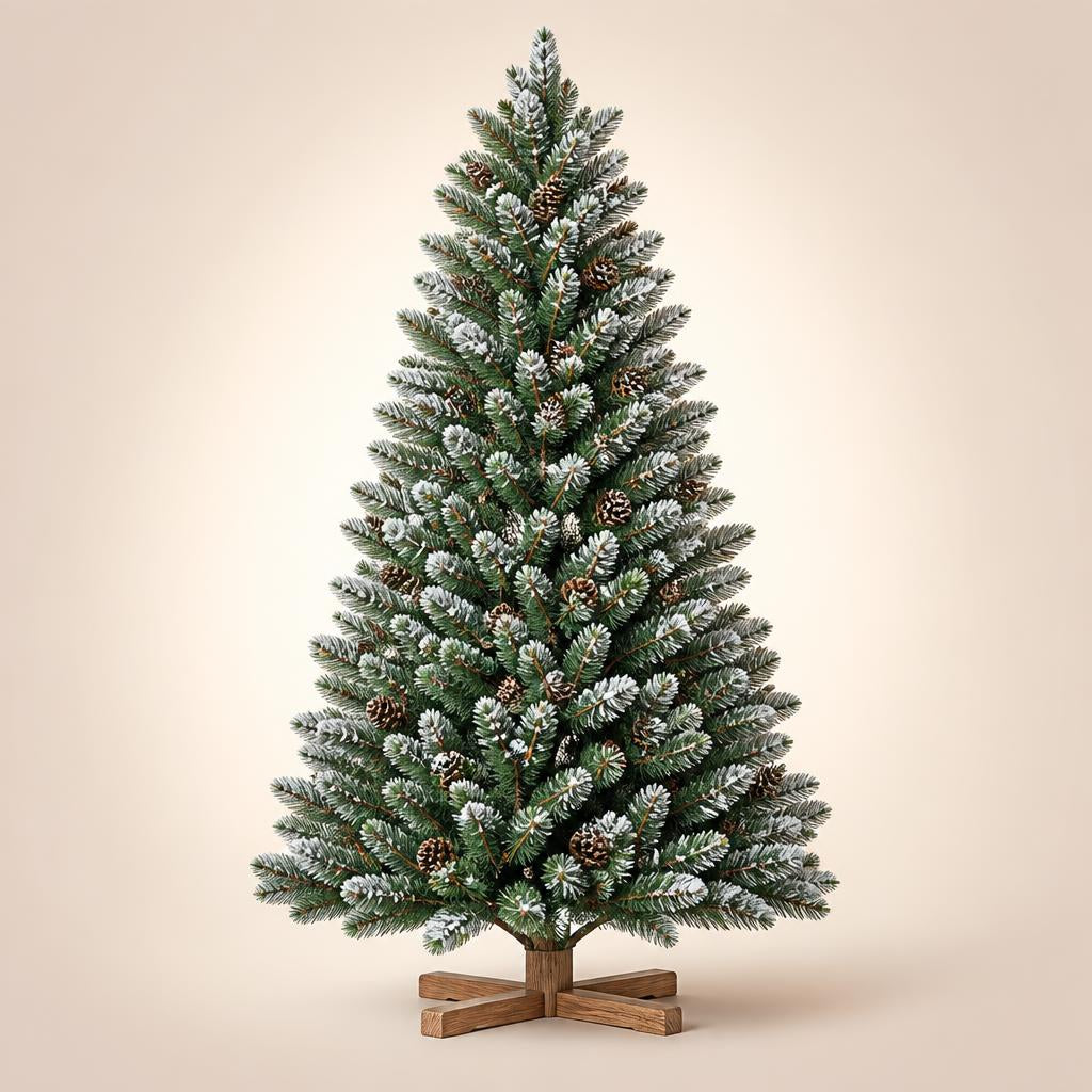 Sapin artificiel enneigé avec pommes de pin sur pied en bois