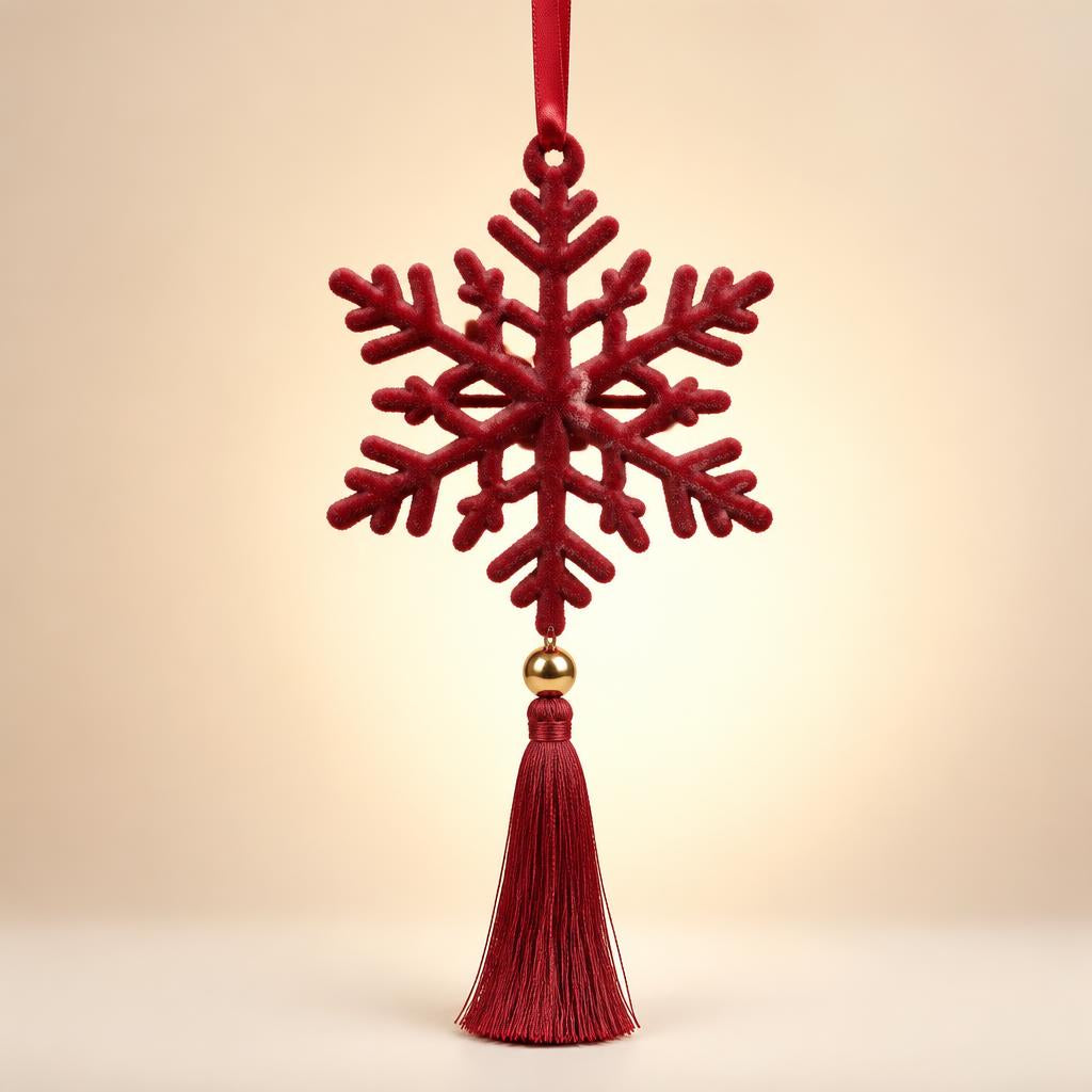 Suspension de Noël en velours rouge forme Flocon à pompon