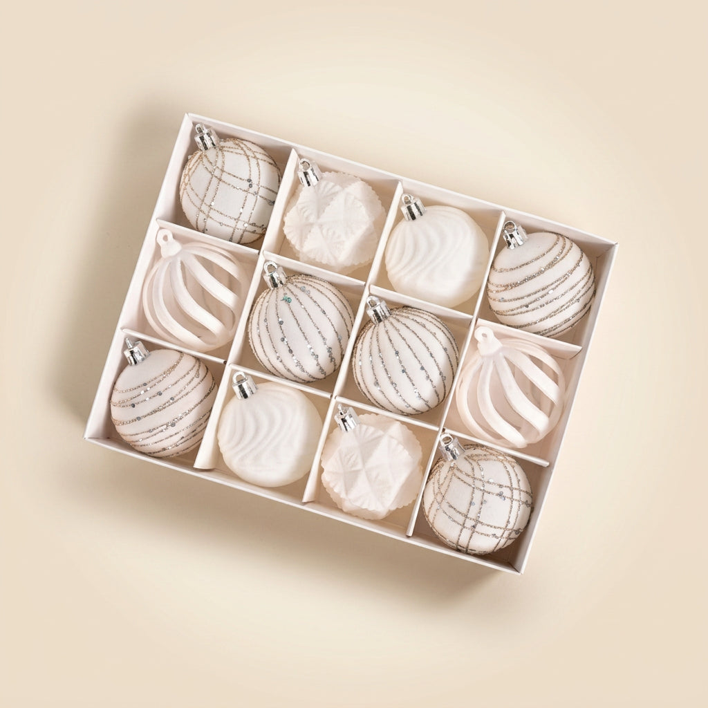 Coffret de 12 boules de Noël blanches en velours