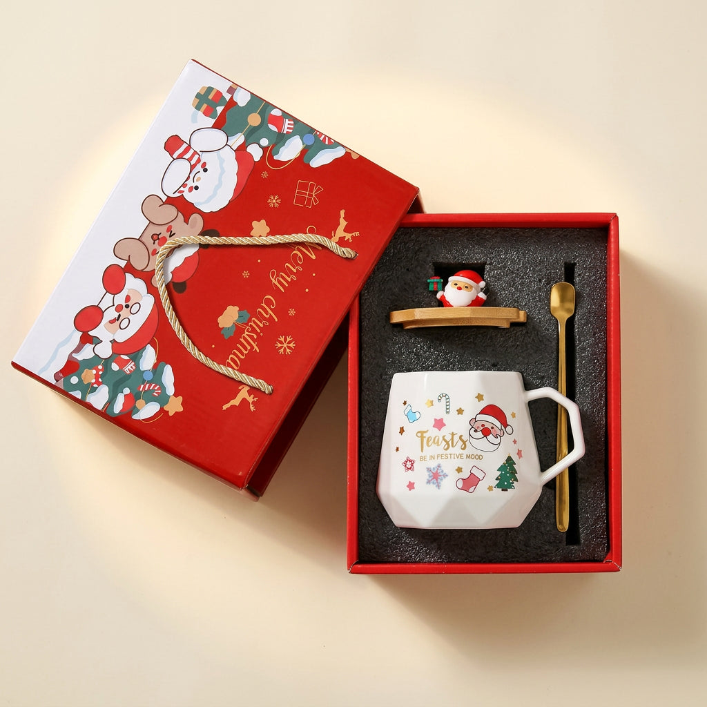 Coffret cadeau mug de Noël motif Père Noël ouvert avec couvercle et cuillère dorée