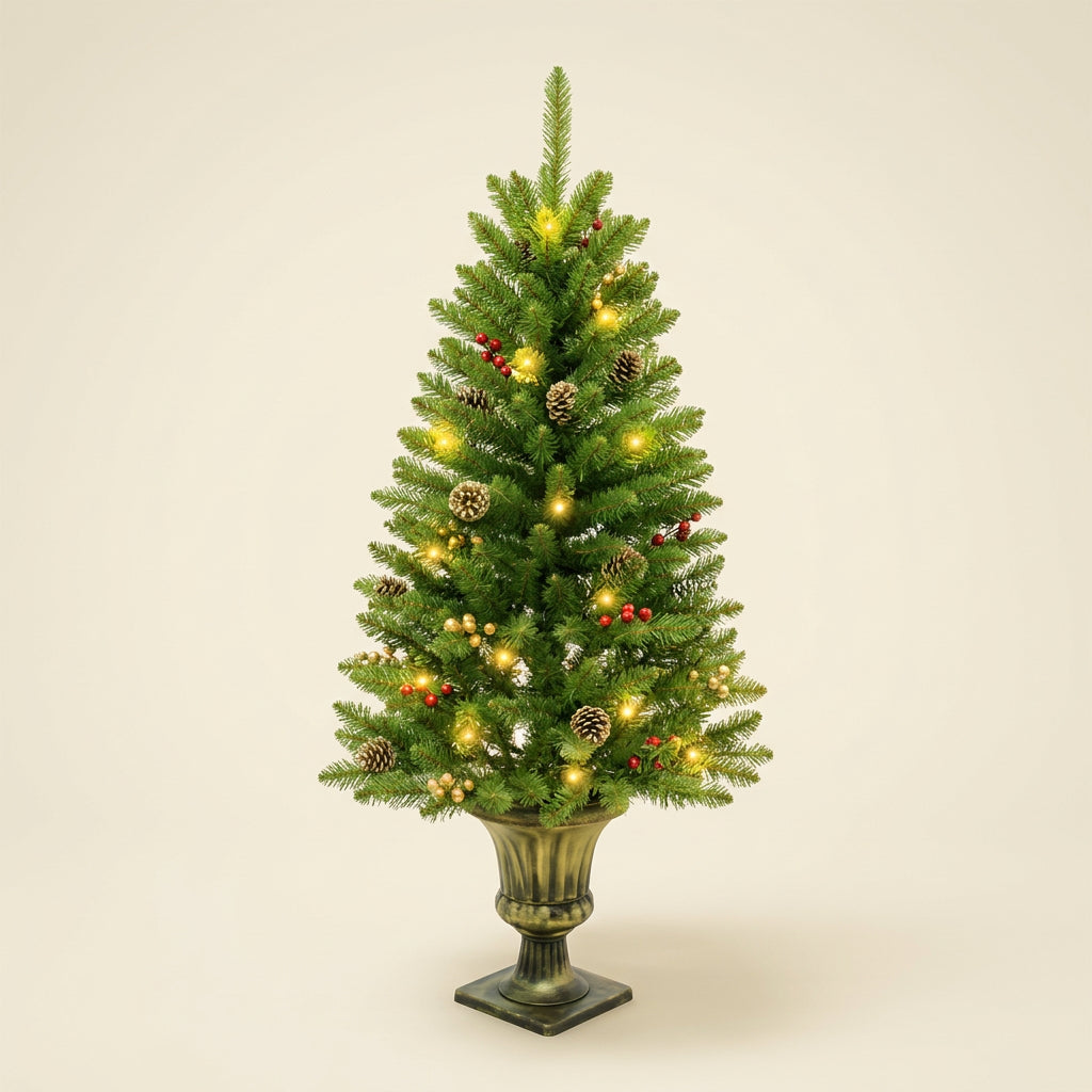 Sapin de Noël artificiel pré-décoré lumineux en pot de 120 cm, vue de face