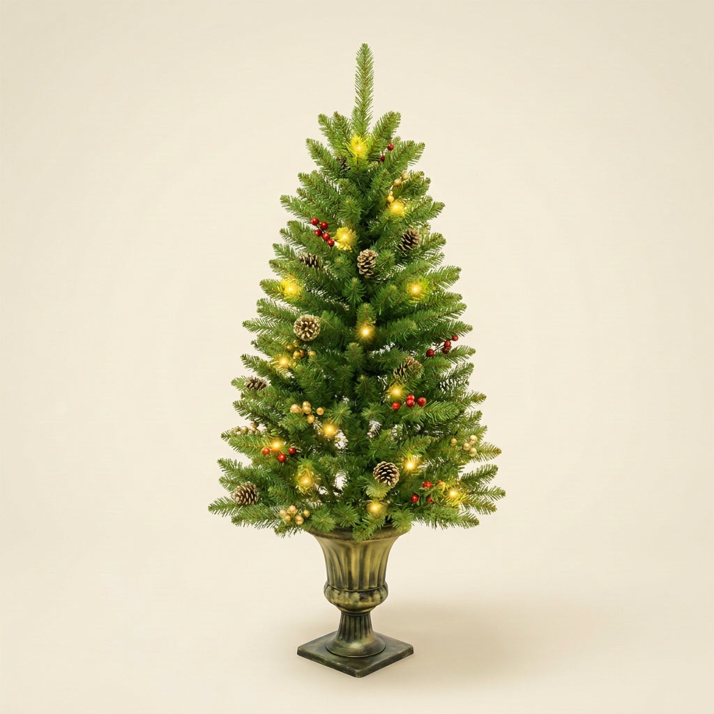 Sapin de Noël artificiel pré-décoré lumineux en pot de 120 cm, vue de trois quarts